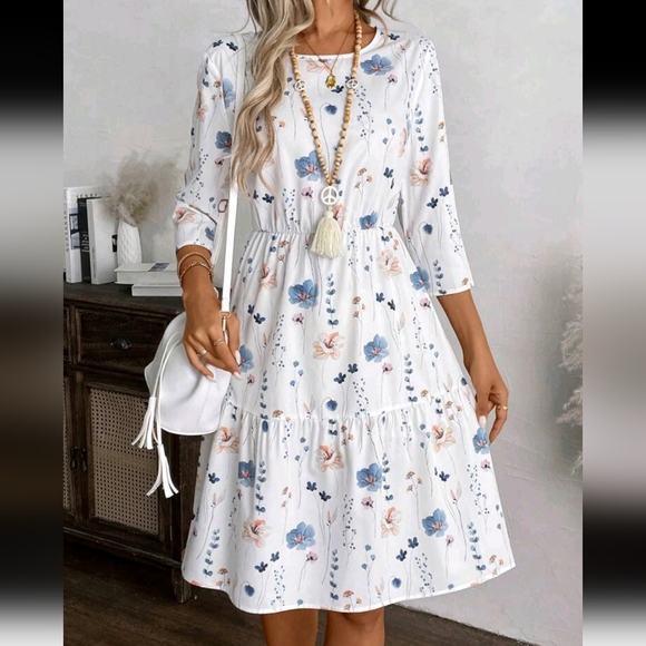 Dresses & Skirts - Women Floral Print Round Neck 3/4 Sleeve Ruffle Hem Casual Dress